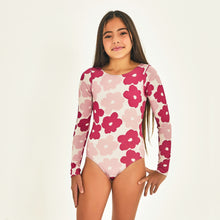 Laad de afbeelding in de Gallery-viewer, Model Front: Uv Line Girl's One-Piece Swimsuit Flores Upf50+