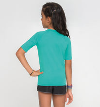 Laad de afbeelding in de Gallery-viewer, Model Back: Uv Line Rash Guard Kids Fpu50+ Uvpro Short Sleeve T-Shirt Mint Green Uv
