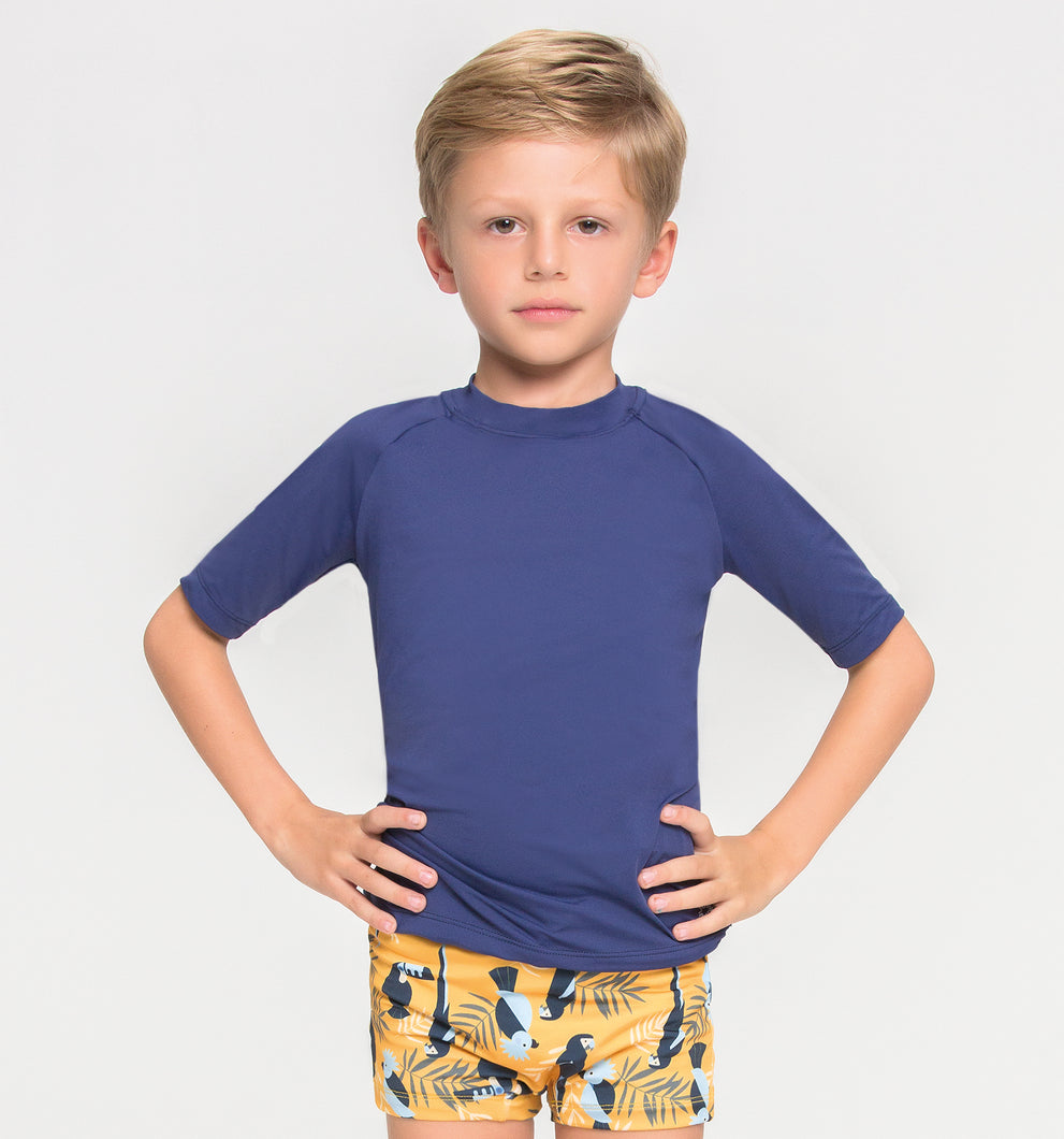 Model Front: Uv Line Rash Guard Kids Fpu50+ Uvpro Short Sleeve T-Shirt Navy Blue Uv