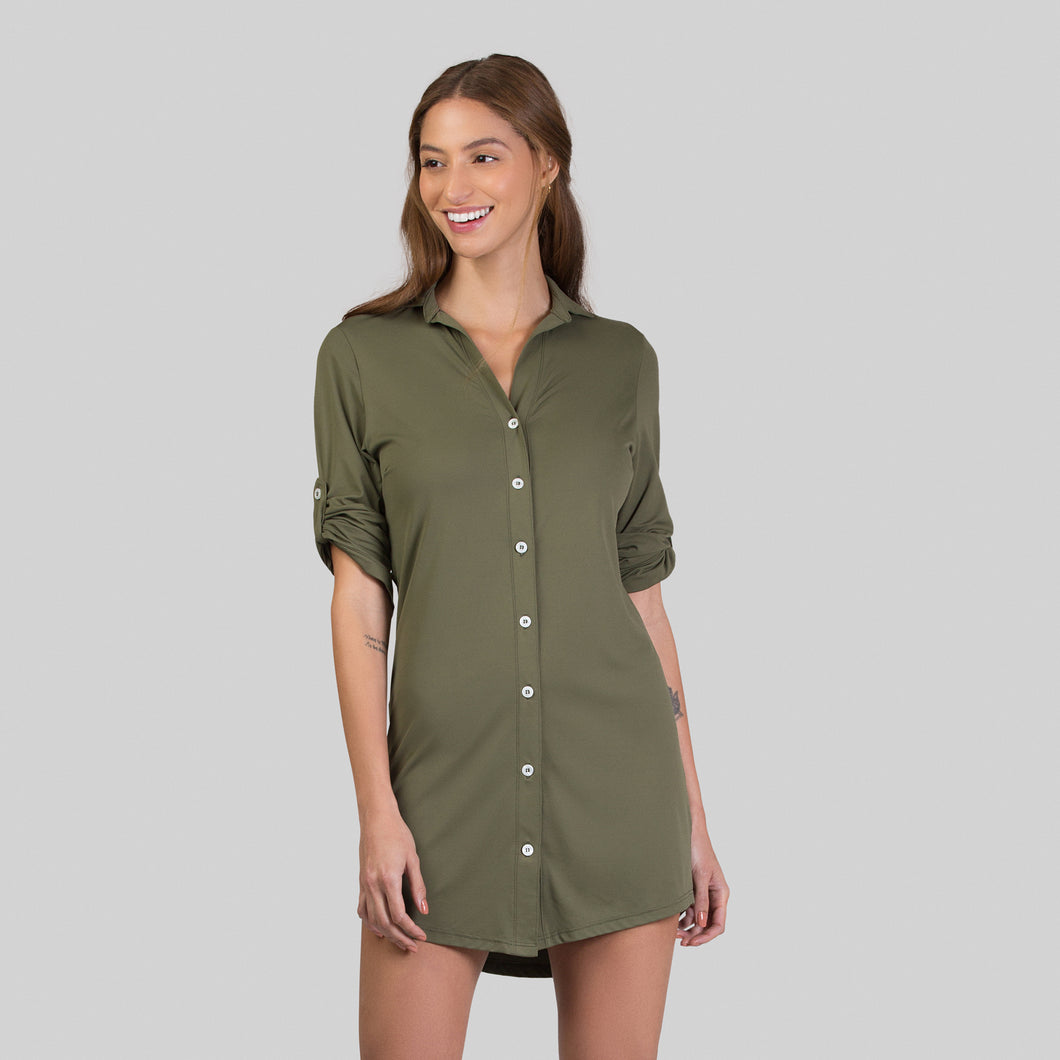 Model Front: Uv Line Beach Dresses Shirtdress Copenhagen Verde Militar Upf50+